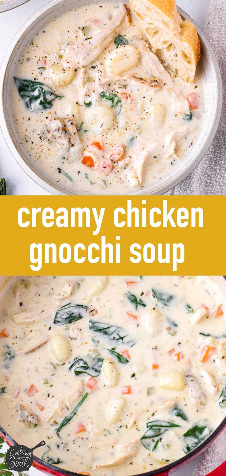 creamy chicken gnocchi soup in a red bowl with bread on the side and text overlay