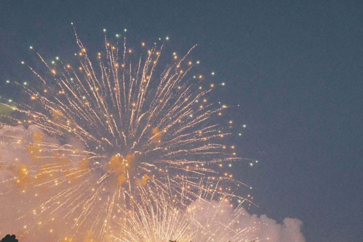 fireworks are lit up in the night sky above trees and buildings with lights on them