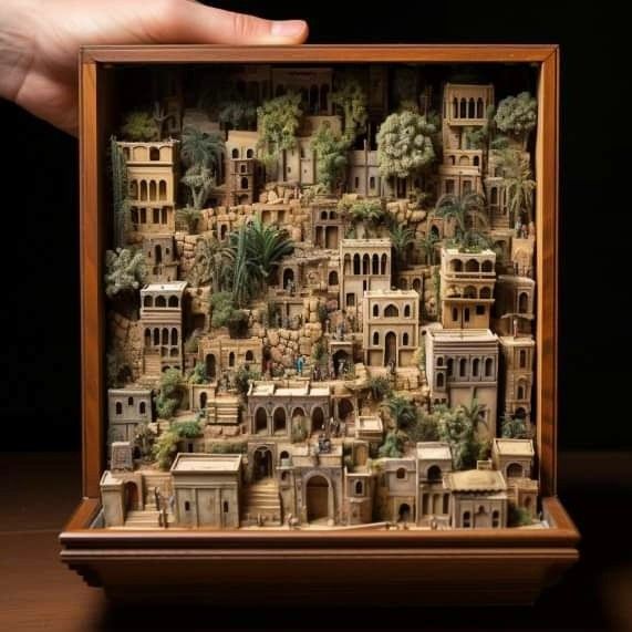 a hand holding a miniature model of a city with trees and buildings on the sides