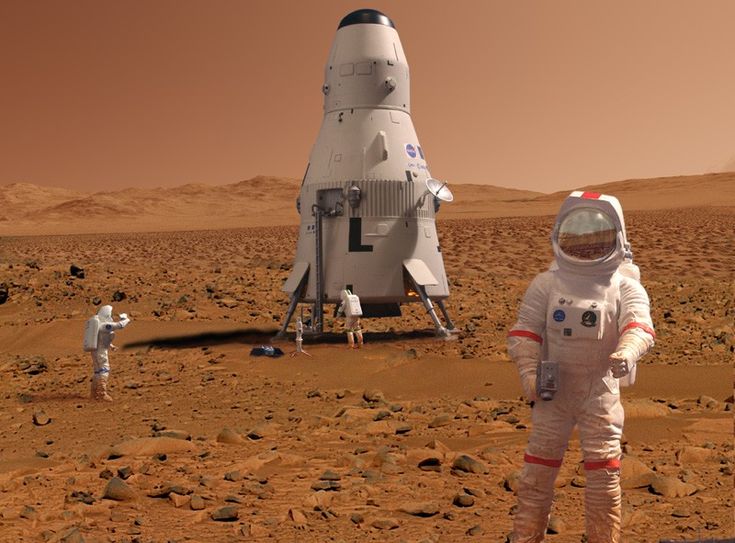 an artist's rendering of two astronauts standing in front of a space station on mars