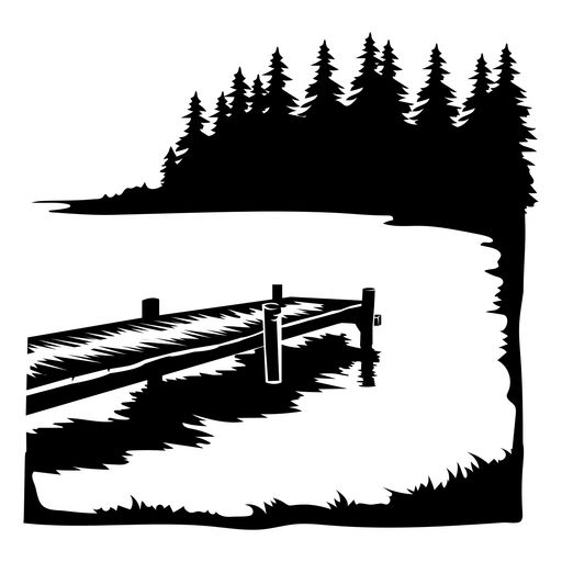 a black and white drawing of a dock in the woods