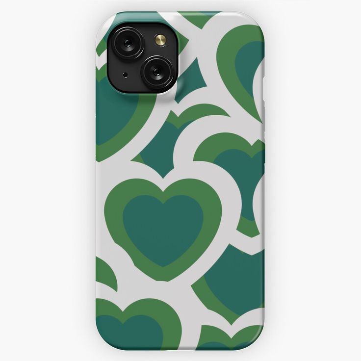 a green and white phone case with hearts in the middle, on a white background