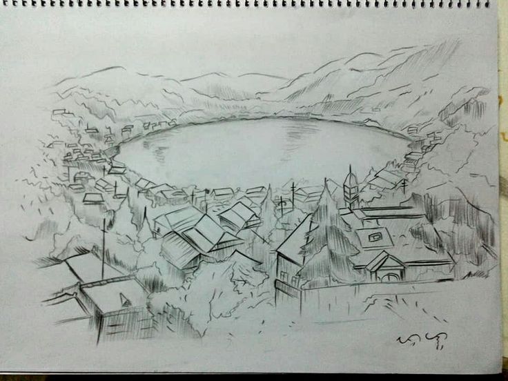 a pencil drawing of a small town by the water