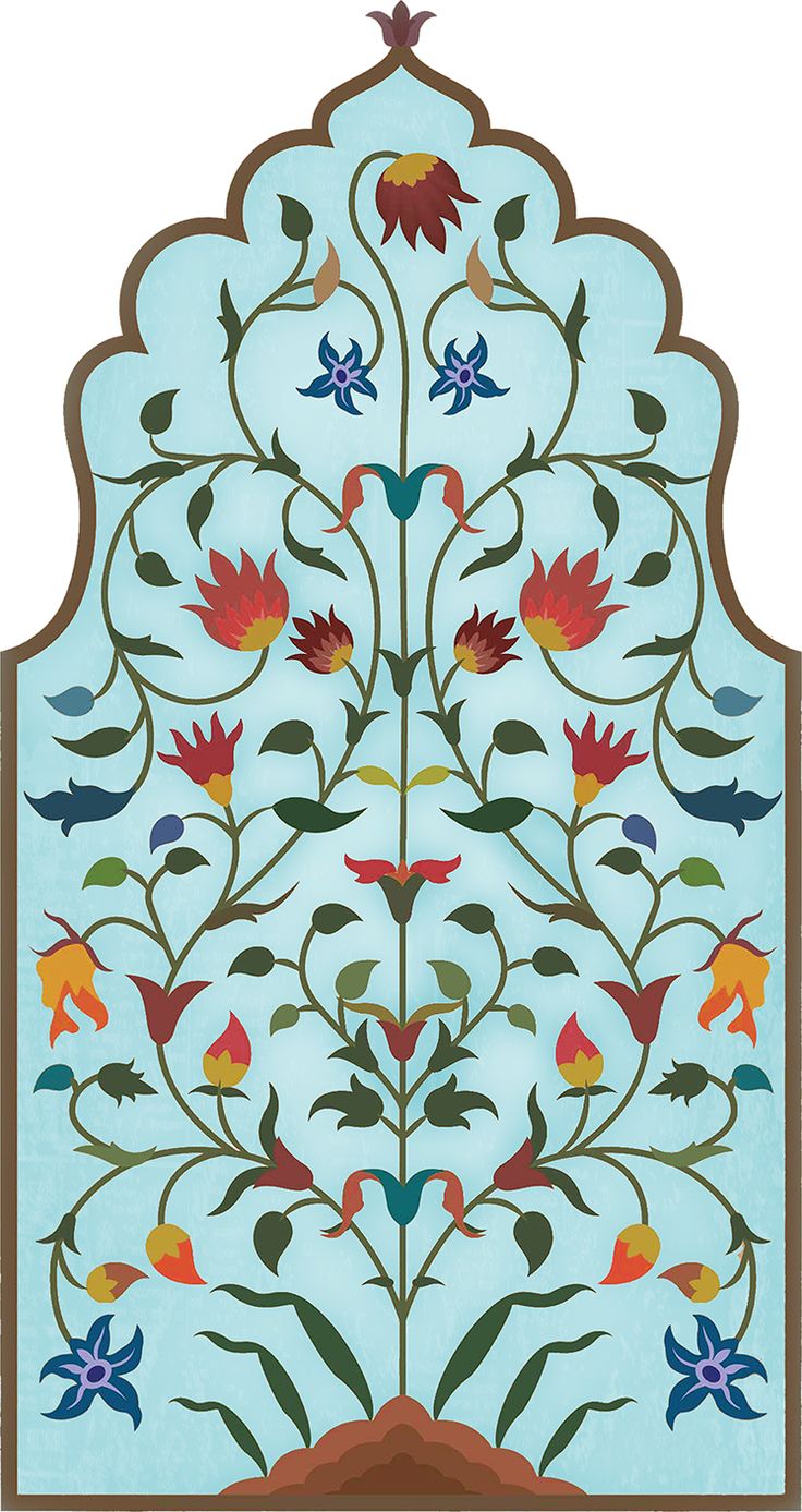 an intricately designed glass panel with flowers and leaves on blue, green, red, orange and yellow colors