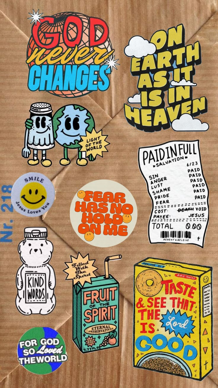 some stickers that are on top of a piece of brown paper with the words god loves