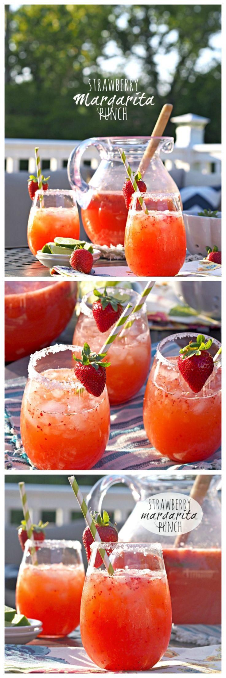 strawberry lemonade punch in glasses with strawberries and garnish on the rim