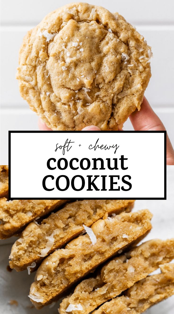 soft and chewy coconut cookies on a white plate with the title text overlay reads soft & chewy coconut cookies