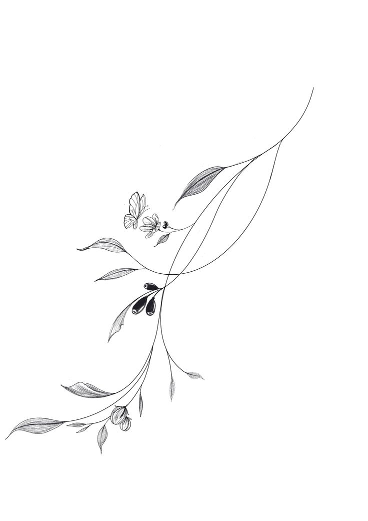 a black and white drawing of flowers on a branch with two butterflies flying over it