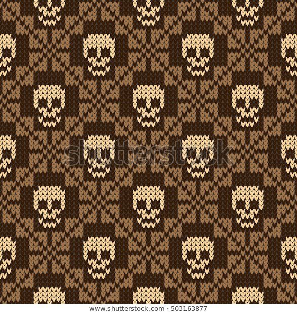 the knitted pattern with skulls and hearts on brown, beige and black colors background