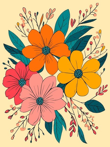 colorful flowers with leaves on a yellow background