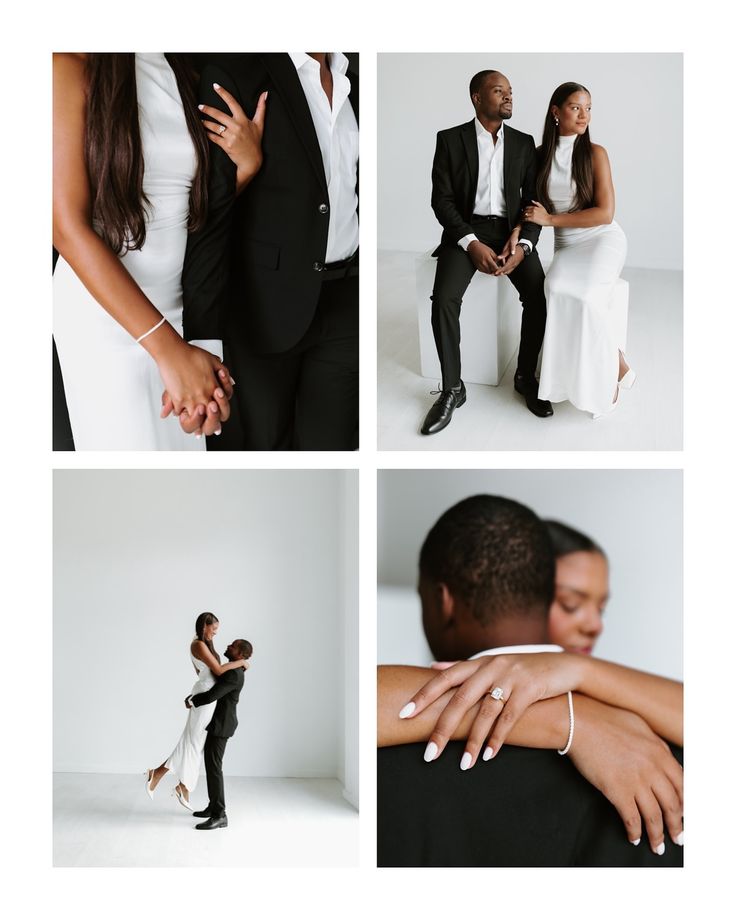 a man and woman are posing for pictures in their wedding outfits, with one holding the other's hand