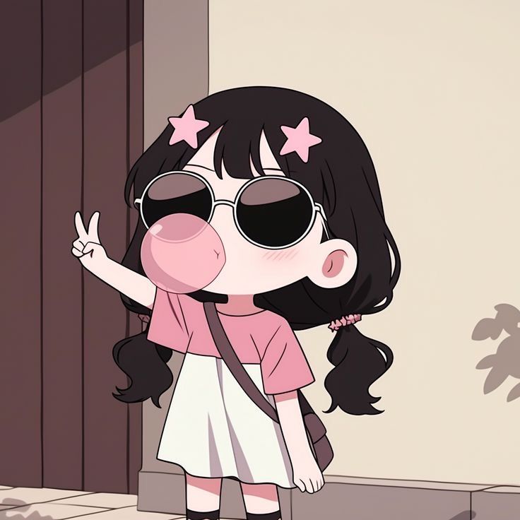 a cartoon girl wearing sunglasses and holding her hand up in the air while standing next to a door