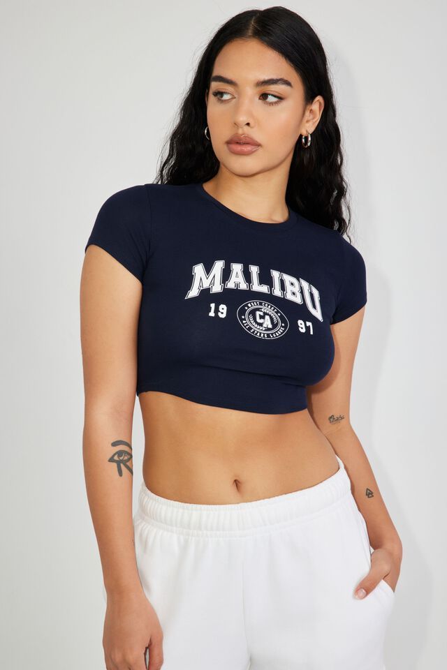 Stormi Tee, Mariana Blue with "Malibu" Art Malibu Art, Customer Service Gifts, Knit Crop, Dream Clothes, Baby Tee, Belly Button, Infant Tees, Black Tee, Short Sleeves Tops