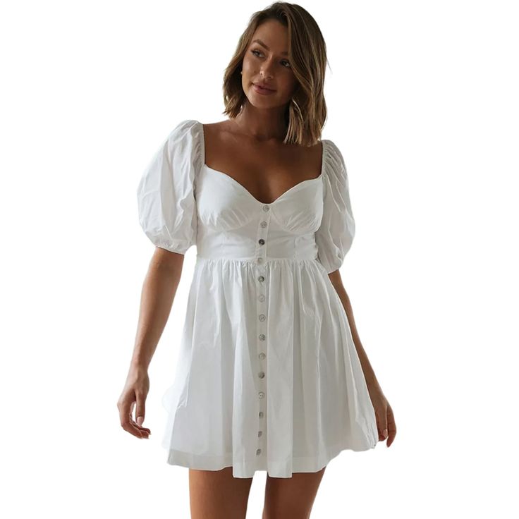 White Back Lace-up V Neck Puff Sleeve Dress Summer Puff Sleeve Mini Dress With Buttons, Summer Mini Puff Sleeve Dress With Buttons, Fitted Puff Sleeve Dress With Buttons For Summer, Chic Summer Puff Sleeve Dress With Buttons, Summer Puff Sleeve Dress With Buttons, Puff Sleeve Dress, Puffed Sleeves Dress, Mini Dresses, Women Dresses