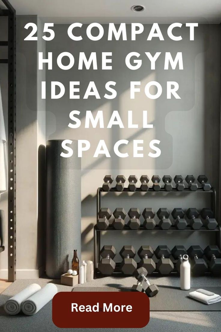 a gym room with dumbs, exercise mats and other equipment in the background text reads 25 compact home gym ideas for small spaces read more