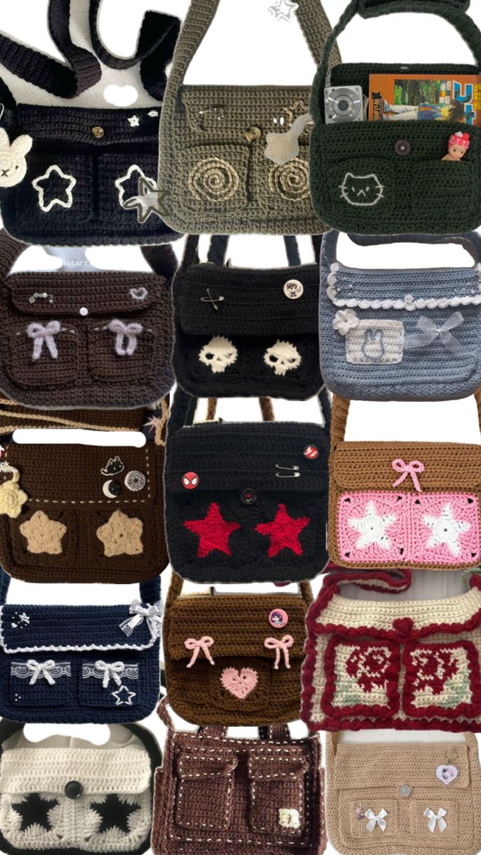 many different purses are arranged in rows