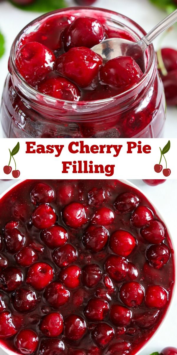 cherry pie filling in a glass jar with cherries on the side and text overlay that reads easy cherry pie filling