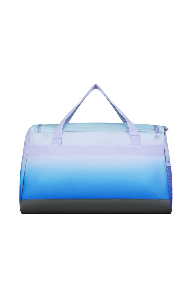 a blue and purple duffel bag on a white background, with the handle hanging down