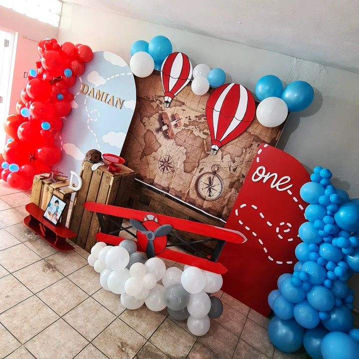 Red plane birthay Airplane First Birthday Party Decorations, Vintage Airplane Party Decorations, Airplane Birthday Theme Decoration, Aviator Themed Birthday, Aeroplane Birthday Theme, Vintage Plane Birthday Party, Aeroplane Birthday Party Ideas, Time Flies Birthday Party Decoration, Aeroplane Theme Birthday Party