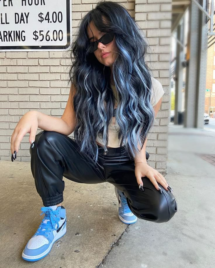 Black Blue And Blonde Hair, Blue Hair With Dark Roots, Black And Light Blue Hair, Blue Money Piece Hair, Scorpio Hair, Black Roots Blonde Hair, Icy Blue Hair, Blonde And Blue Hair, Jessie Murph