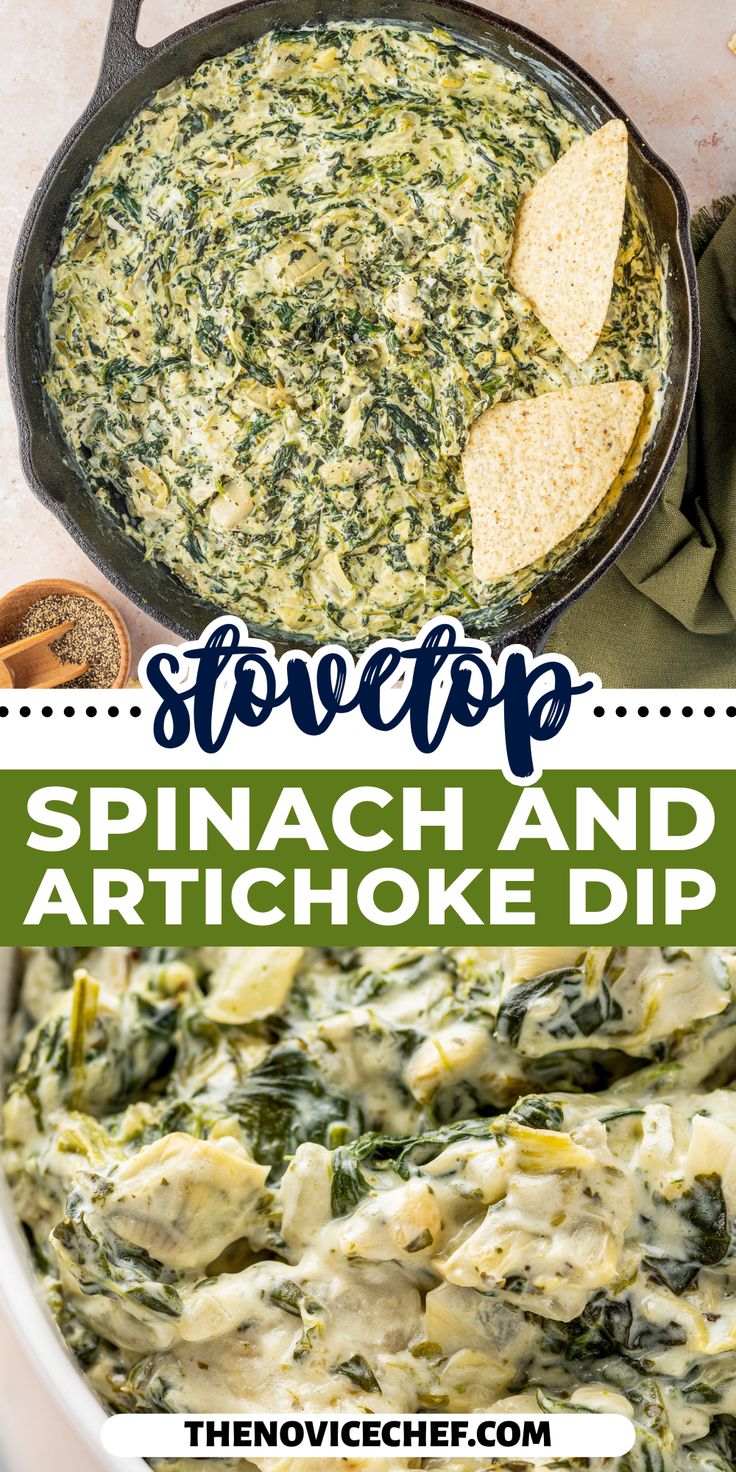 spinach and artichoke dip in a skillet with tortilla chips