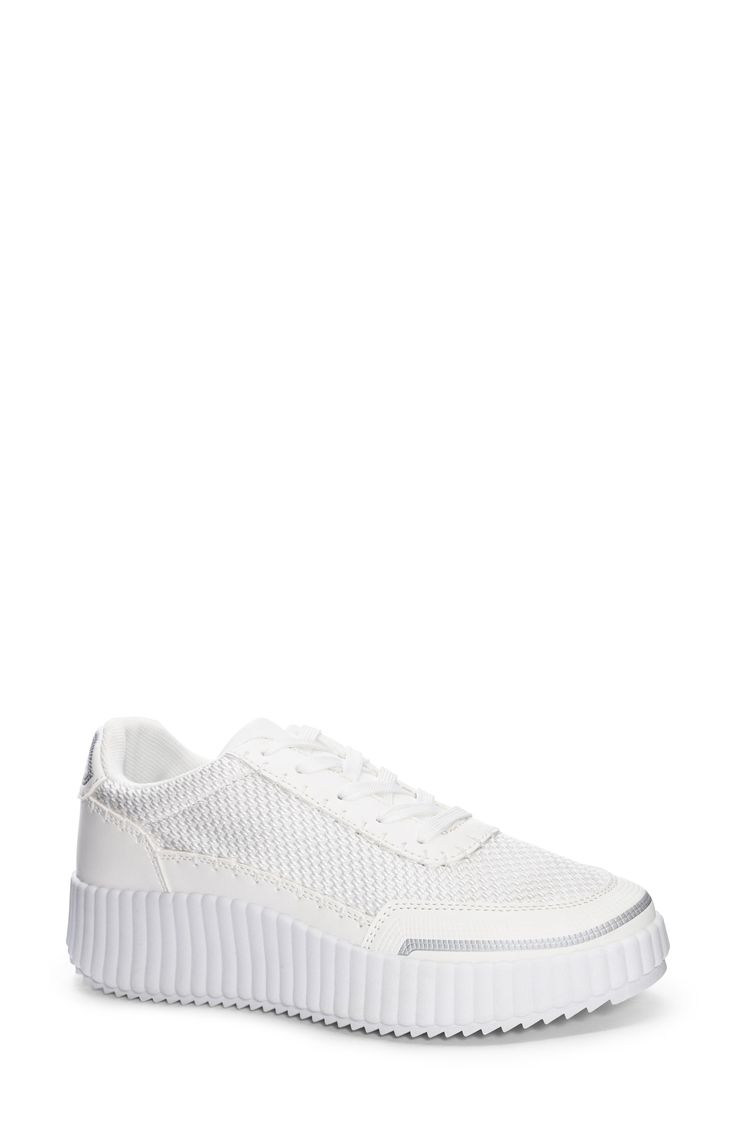 Mesh panels add cool texture to a platform-boosted sneaker. 2" heel Lace-up style Synthetic upper, lining and sole Imported White Textile Chunky Lace-up Sneakers, Spring Chunky Sneakers With Rubber Waffle Outsoles, Modern Lace-up Chunky Sneakers With Perforations, Modern Chunky Lace-up Sneakers With Perforations, Casual White Chunky Sneakers With Perforations, White Synthetic Chunky Sneakers With Perforated Toe Box, Trendy Low-top Platform Sneakers With Perforations, Modern White Sneakers With Textured Upper, Trendy Platform Sneakers With Perforations