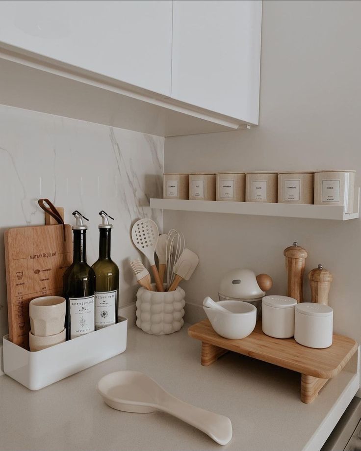 the kitchen counter is clean and ready to be used for cooking or baking, as well as utensils