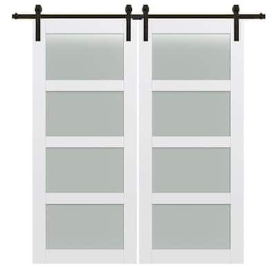 two white sliding doors with black hardware on each side and glass panels at the top