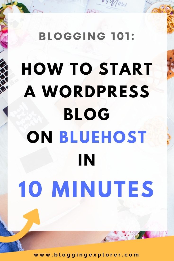 the words how to start a wordpress blog on bluehost in 10 minutes