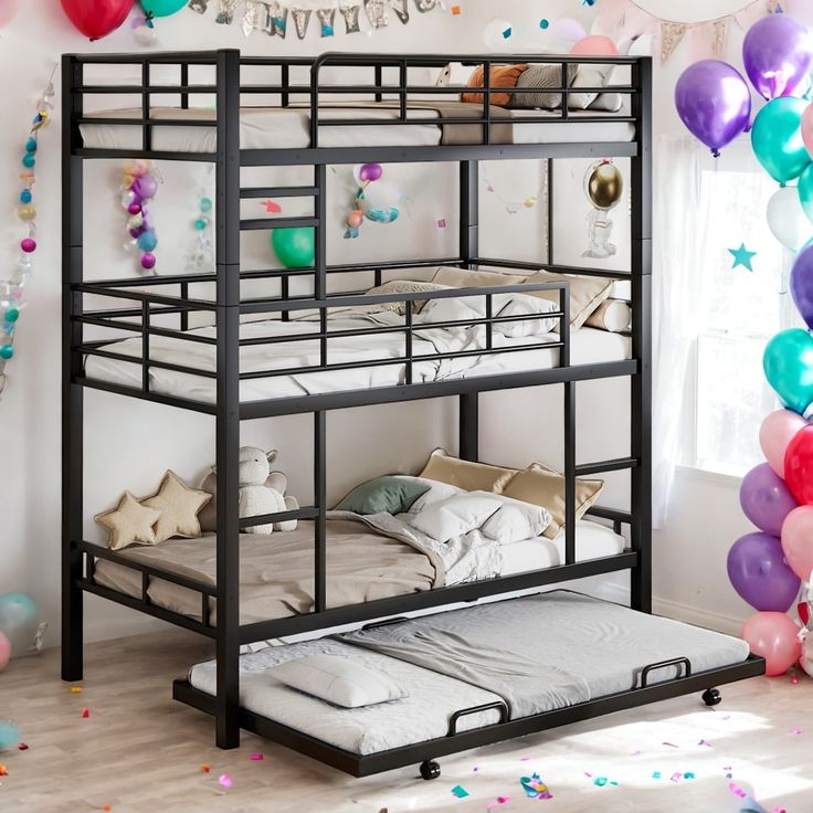 a bunk bed with balloons and streamers in the background