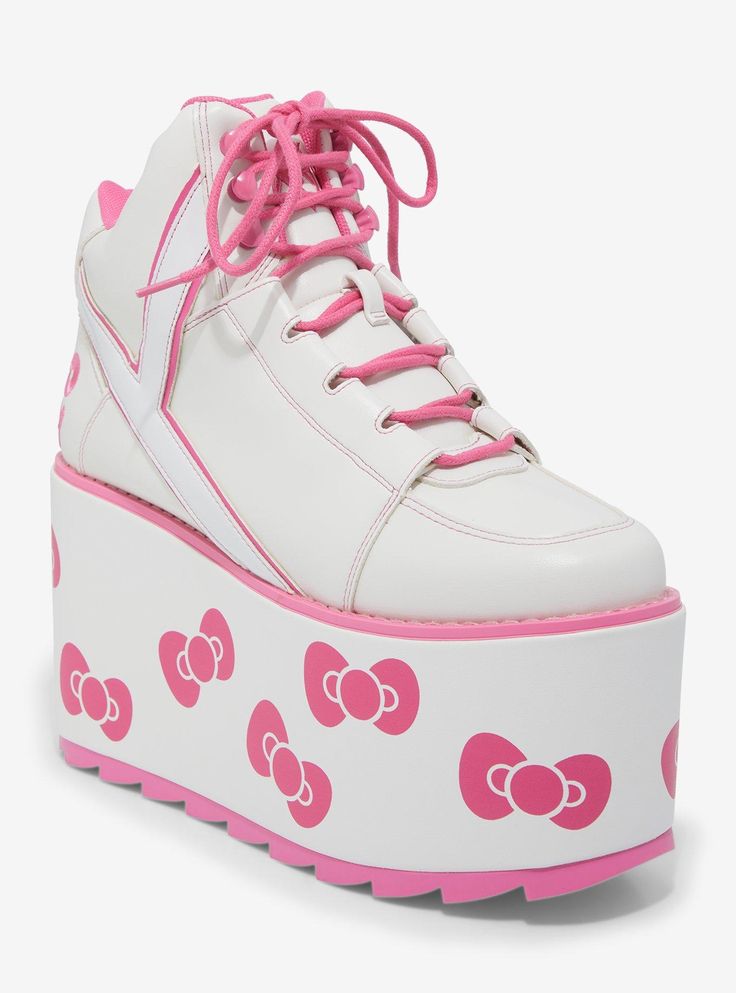 Step into cuteness overload with these Hello Kitty x YRU platform sneakers! Featuring white faux leather with pink accents and adorable Hello Kitty bow prints on the platforms.Listed in women's sizes.Platform: 3''Heel: 4''Polyurethane upper & rubber soleImported Pink Kawaii Clothes, Kawaii Platform Shoes, Cute Pink Shoes, Yru Shoes, Platforms Shoes, Cut Shoes, Hello Kitty Gifts, Hello Kitty Bow, Hello Kitty Shoes