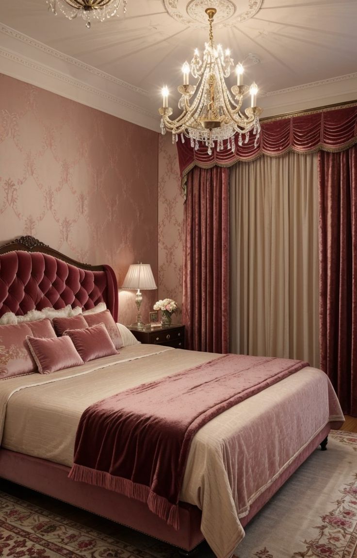 a bedroom with a bed, chandelier and pink wallpaper on the walls