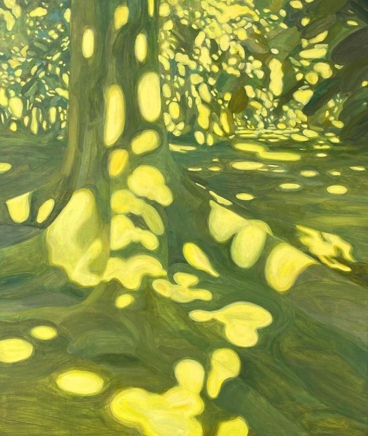 an abstract painting of a tree with yellow lights shining on the leaves and ground below it