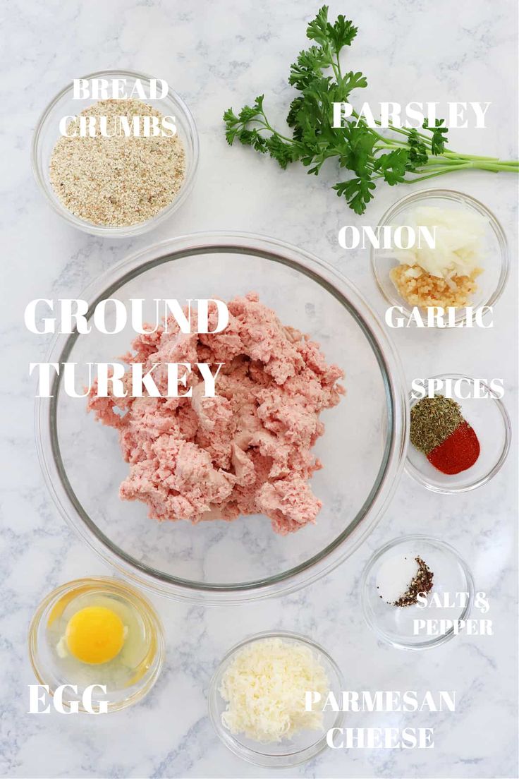 ingredients to make ground turkey in bowls on a marble counter top with text overlay