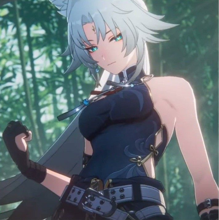 an anime character with white hair and blue eyes standing in front of some trees wearing black gloves