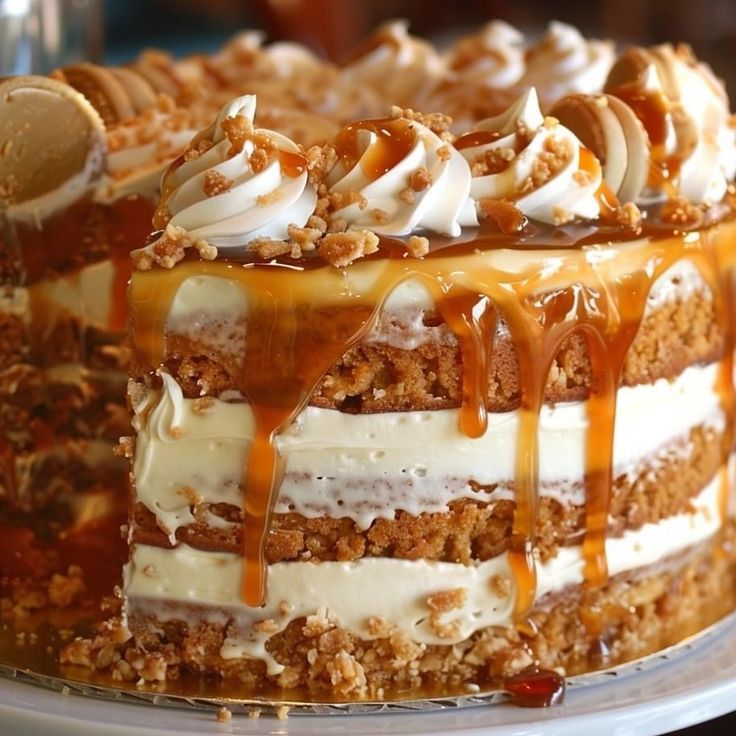 a close up of a cake on a plate with caramel drizzles