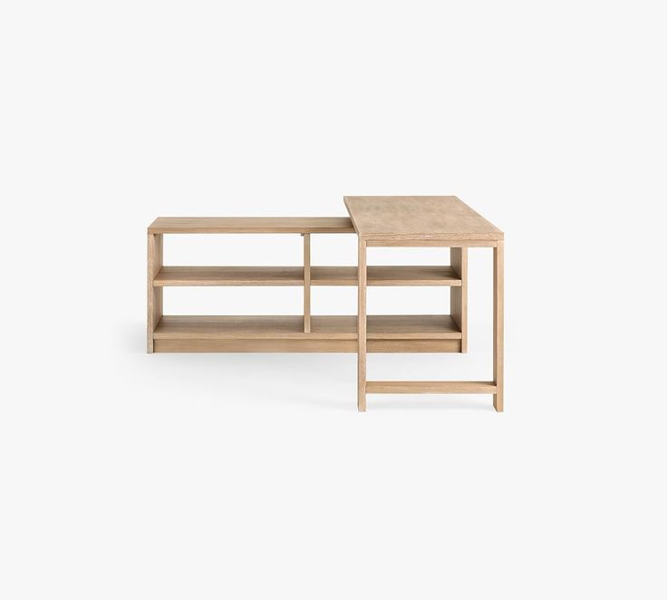 two wooden tables sitting side by side on a white background, one is empty and the other has an open shelf