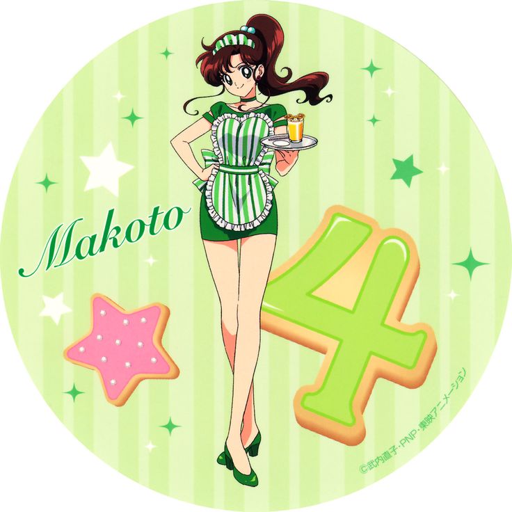 an anime character holding a plate with the number four on it and cookies in front of her