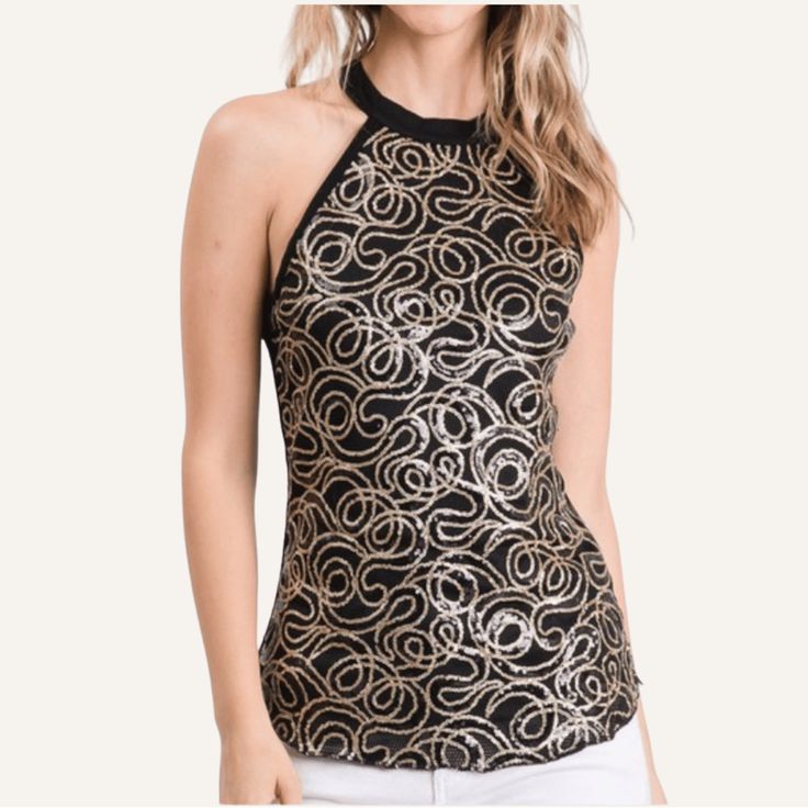 Make A Statement With This "Baroque Elegance Halter Top," Featuring A Stunning Swirl Pattern Reminiscent Of Classic Baroque Designs. The Halter Neckline Adds A Touch Of Sophistication, While The Black And Gold Touch Color Palette Ensures Versatility And Timeless Appeal. Tailored To Flatter, It Cinches At The Waist And Flares Slightly At The Hem, Perfect For Pairing With Sleek Trousers Or A Fitted Skirt For An Evening Out Or A Chic Workday Ensemble. New Reasonable Offers Considered Smoke And Cats Elegant Stretch Gold Top, Elegant Gold Stretch Top, Elegant Tops For Festive Party Season, Elegant Black Festive Tops, Gold Festive Top For Night Out, Gold Tops For Festive Night Out, Gold Top For Festive Night Out, Festive Gold Top For Night Out, Elegant Stretch Tops For Party