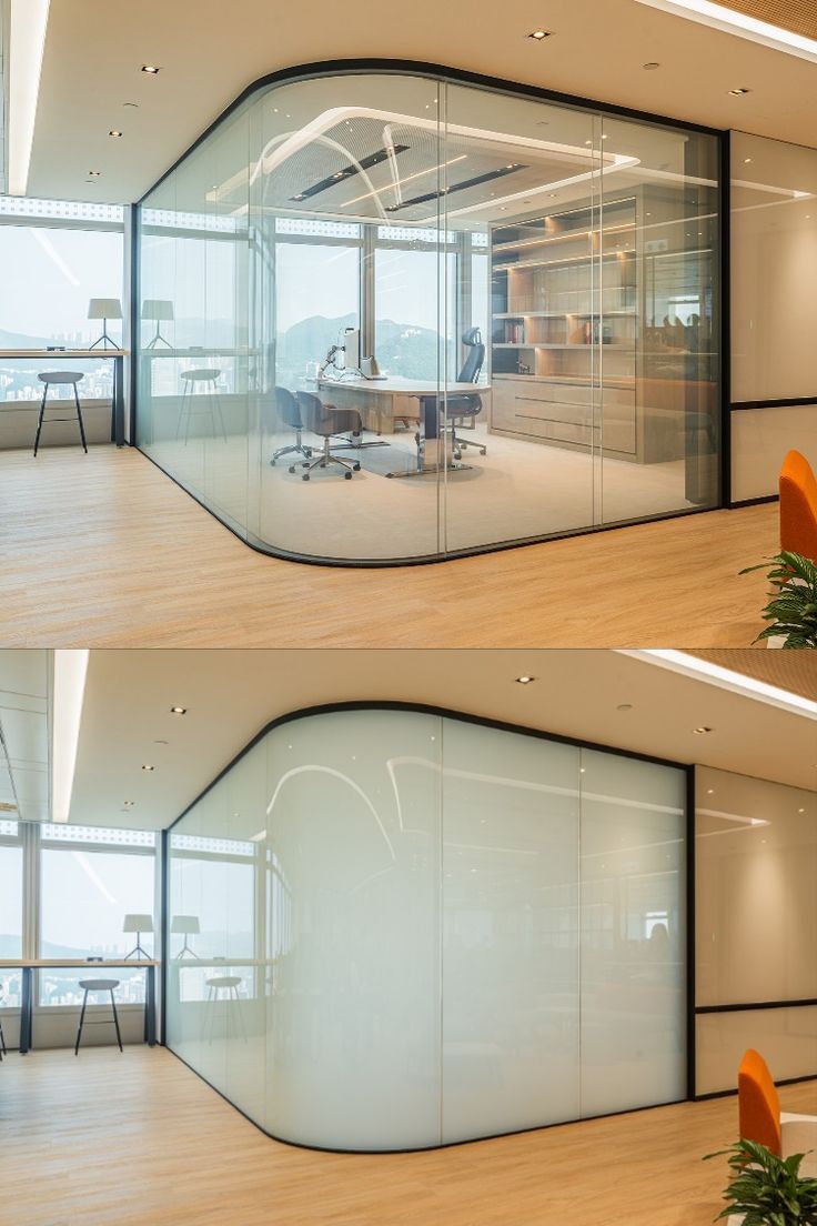 two images of an office with glass walls and wooden floors, one showing the interior