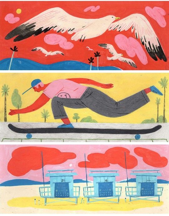 three different colored paintings with birds flying over the top and on the bottom one is a man riding a snowboard