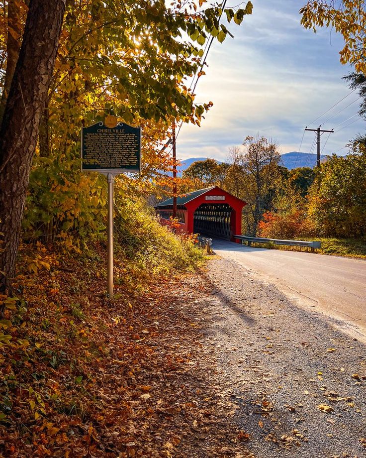 a red covered bridge sitting next to a forest filled with lots of trees and leaves