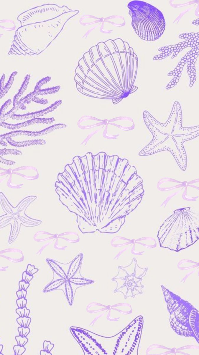 purple sea shells and starfish on a white background seamless wallpaper with pastel colors