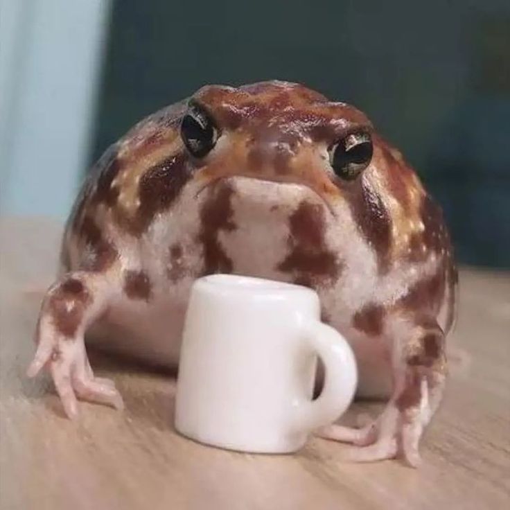 a frog sitting on top of a wooden table next to a white cup