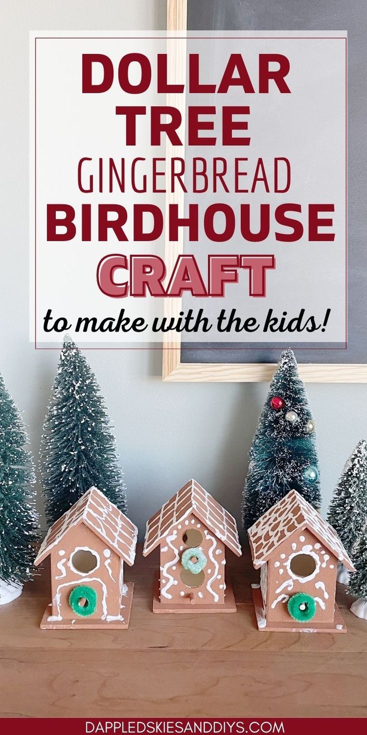 Three wooden birdhouses decorated to look like gingerbread houses surrounded by bottle brush trees. Birdhouse Gingerbread House Diy, Birdhouse Gingerbread House, Gingerbread Birdhouse Ideas, Dollar Tree Birdhouse Crafts, Dollar Tree Gingerbread, Gingerbread Birdhouse, Unique Gingerbread House, Gingerbread House Craft, Diy Gingerbread