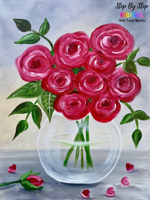 a painting of red roses in a glass vase