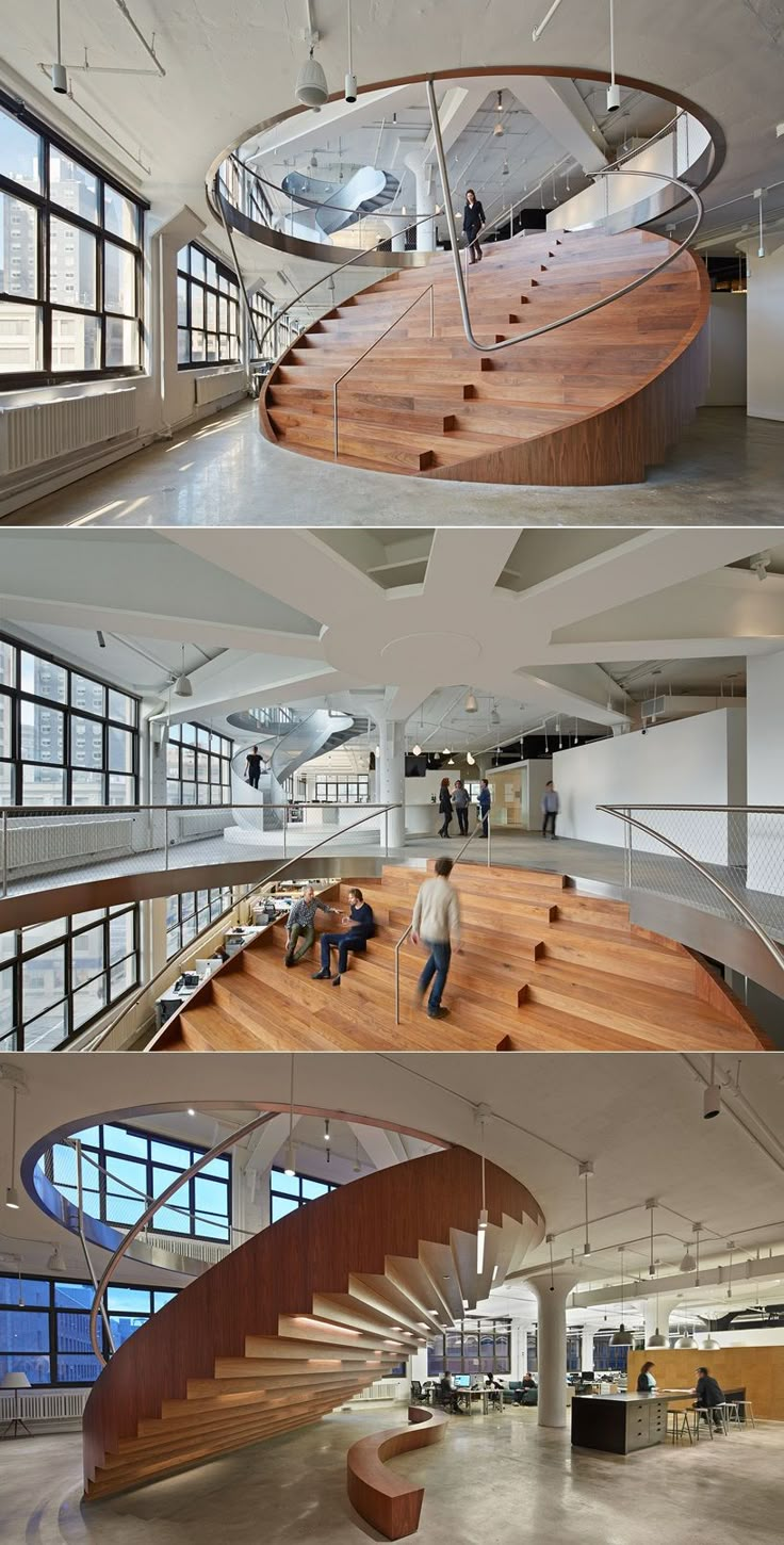 two pictures of people walking up and down the stairs in an office building with large windows