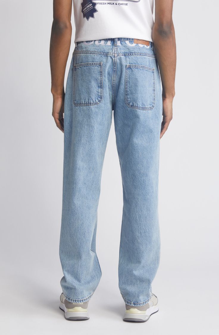 The brand's embroidered logo peeks from beneath the back waistband of these jeans cut with a relaxed fit from amply faded cotton denim. 32" inseam; 16" leg opening; 11" front rise; 14 1/2" back rise (size Medium) Zip fly with button closure Five-pocket style 100% cotton Machine wash, line dry Imported Black Owned/Founded Light Indigo Recycled Denim Jeans With Five Pockets, Light Indigo Straight Leg Rigid Denim Jeans, Light Indigo Straight Leg Jeans In Rigid Denim, Light Indigo Straight Leg Denim Jeans, Medium Wash Relaxed Fit Flare Jeans In Rigid Denim, Everyday Light Wash Denim Cargo Jeans, Relaxed Fit Medium Wash Flare Jeans, Relaxed Fit Flare Jeans In Medium Wash Denim, Light Wash Straight Recycled Denim Bottoms