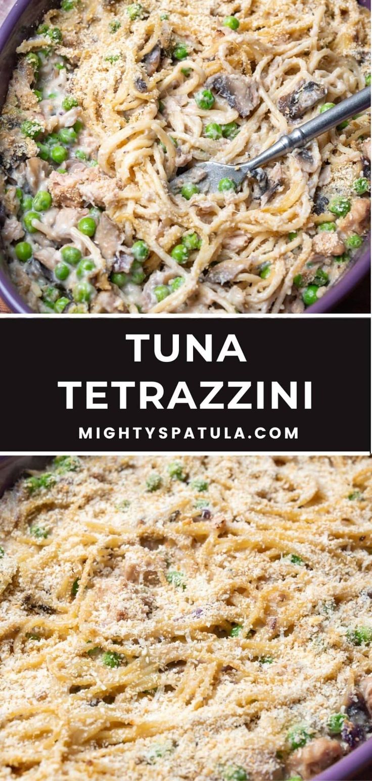 tuna tetrazzini with peas and parmesan cheese in a purple casserole dish