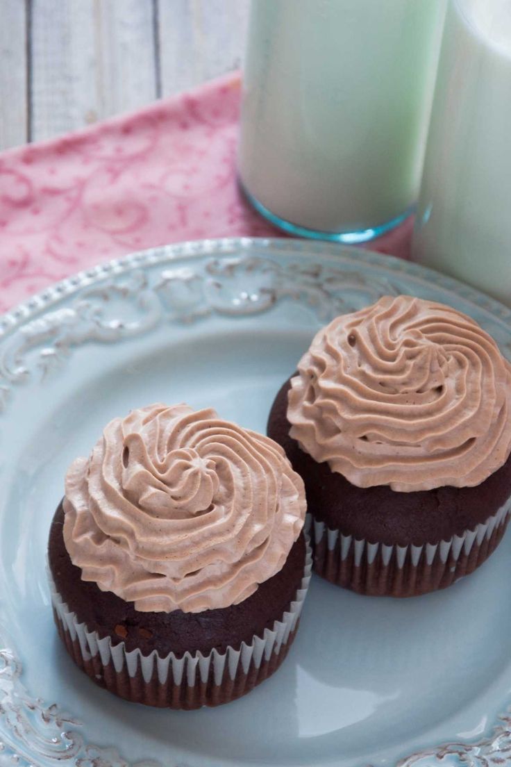 two chocolate cupcakes with frosting on a plate next to a glass of milk